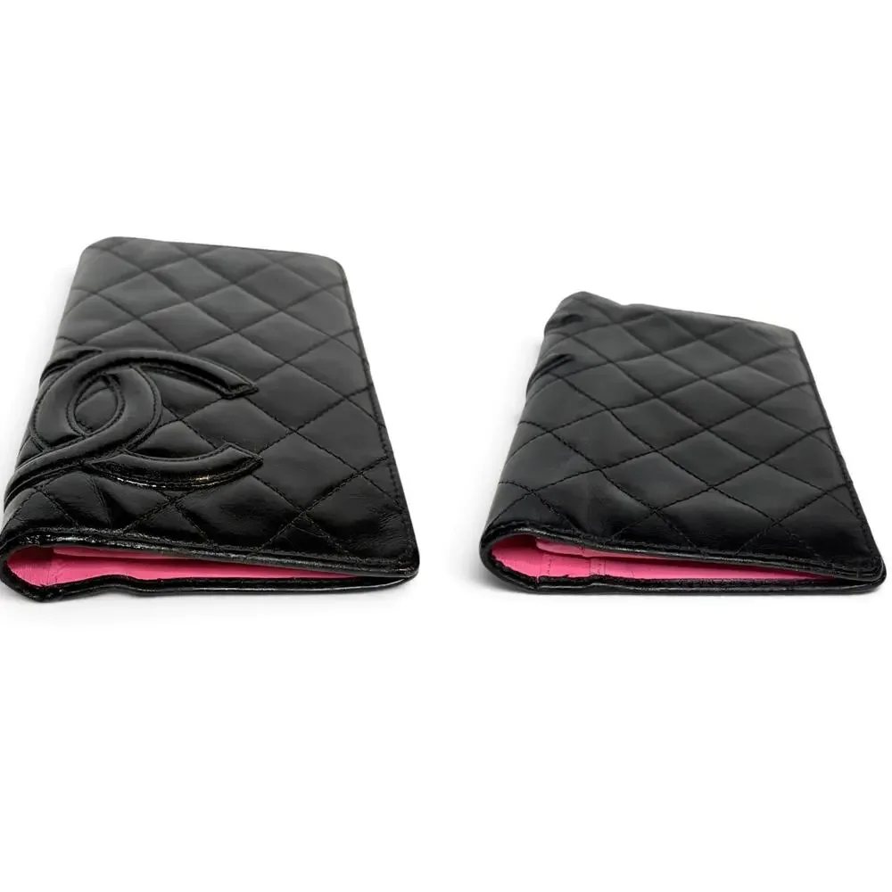 Chanel Cambon Ligne Black Quilted Leather Long Bifold Wallet Pink Interior